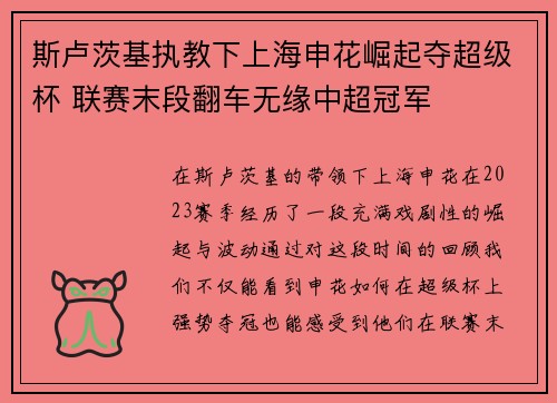 斯卢茨基执教下上海申花崛起夺超级杯 联赛末段翻车无缘中超冠军
