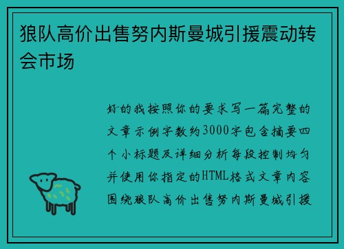 狼队高价出售努内斯曼城引援震动转会市场